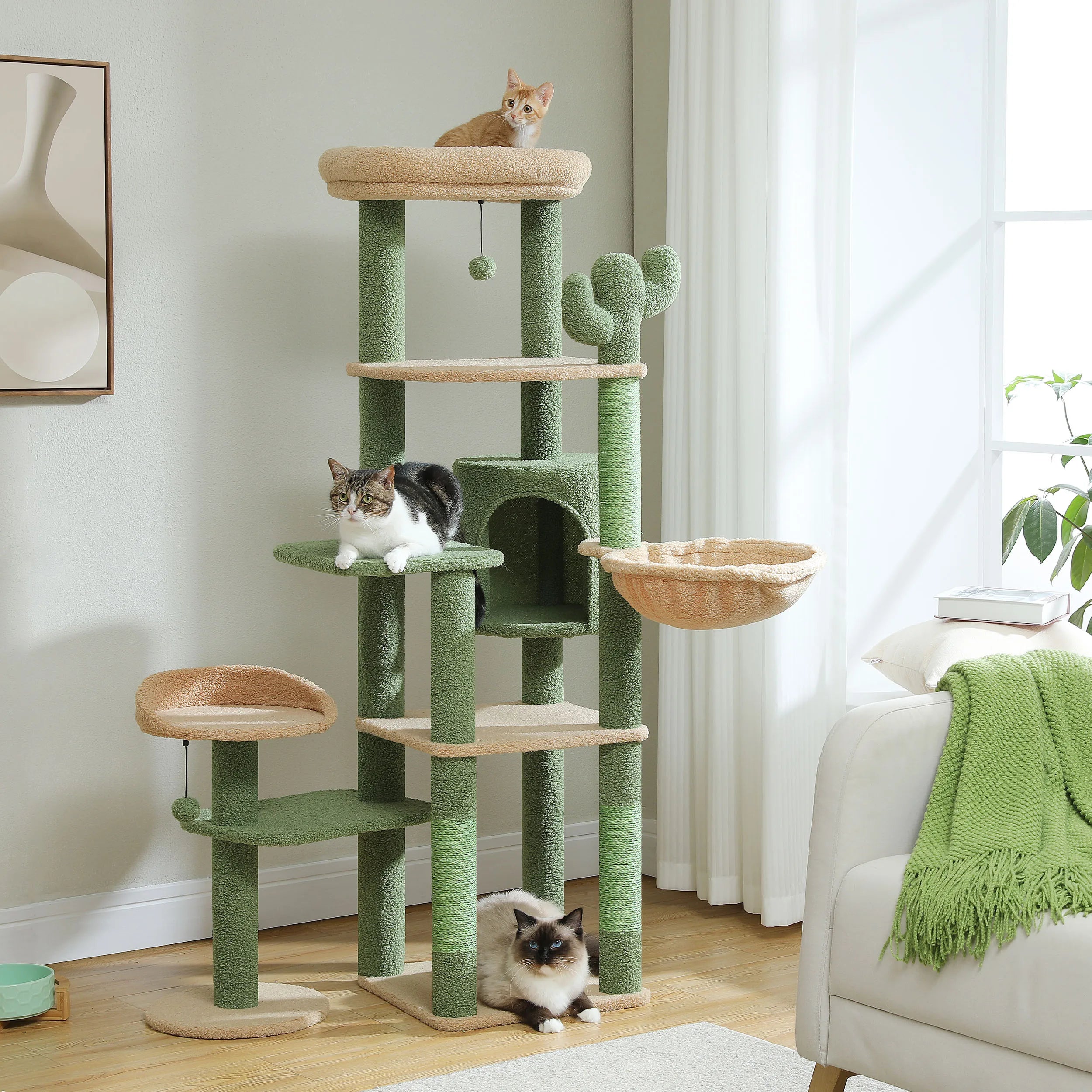 Cactus Tall Cat Tree for Large Cat Multi-Level Cat Tower for Indoor Cat Condo.