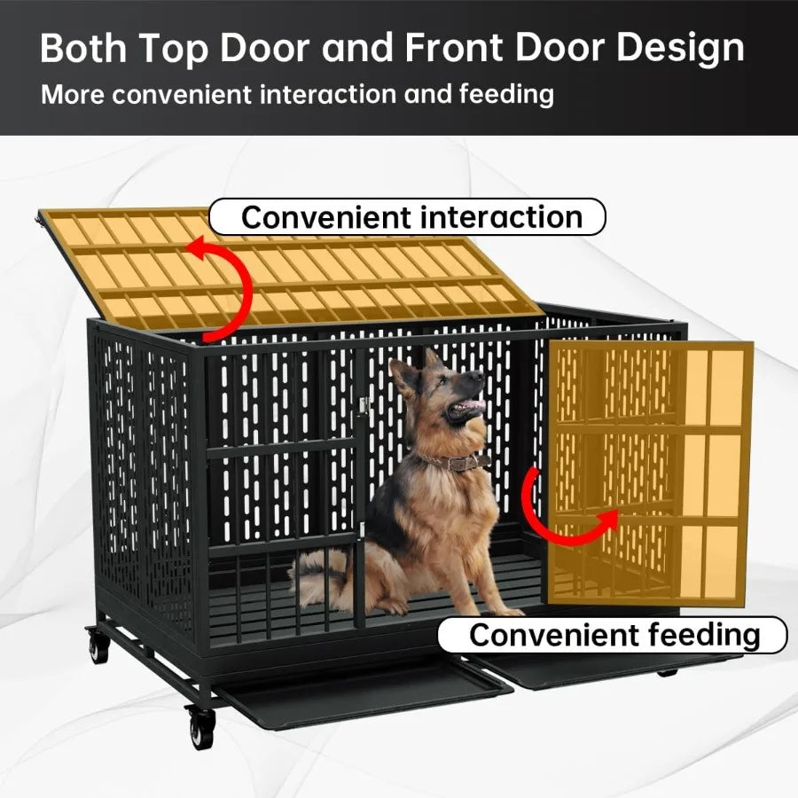 48 Inch Heavy Duty Dog Crate with Wheels Folding Metal Big Dog Cage for Large and Medium Dogs Extra Large XL XXL Indestructible